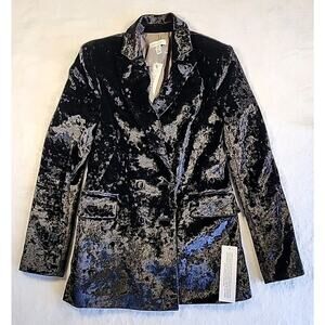 Topshop Bonded Crushed Velvet Blazer Jacket US Size 6 Black Double Breasted